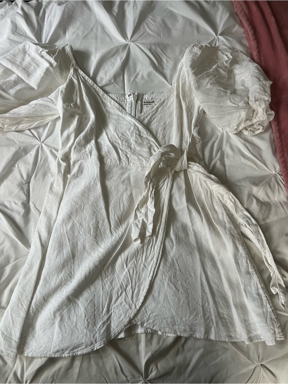 Abercrombie & Fitch White Wrap Mini Dress with Puff Sleeves and Side Tie